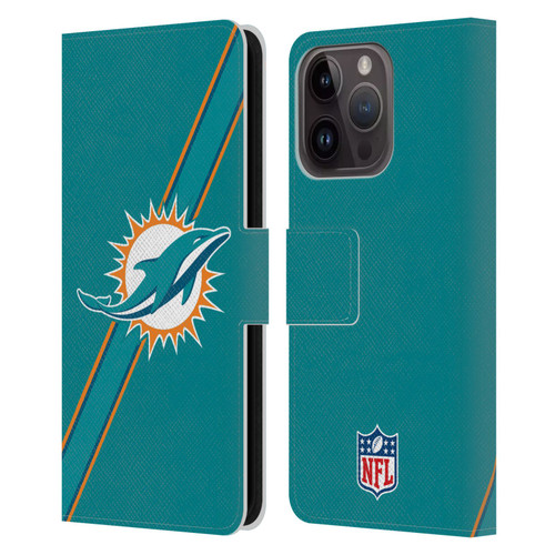 NFL Miami Dolphins Logo Stripes Leather Book Wallet Case Cover For Apple iPhone 15 Pro