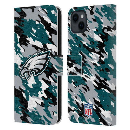 NFL Philadelphia Eagles Logo Camou Leather Book Wallet Case Cover For Apple iPhone 15 Plus