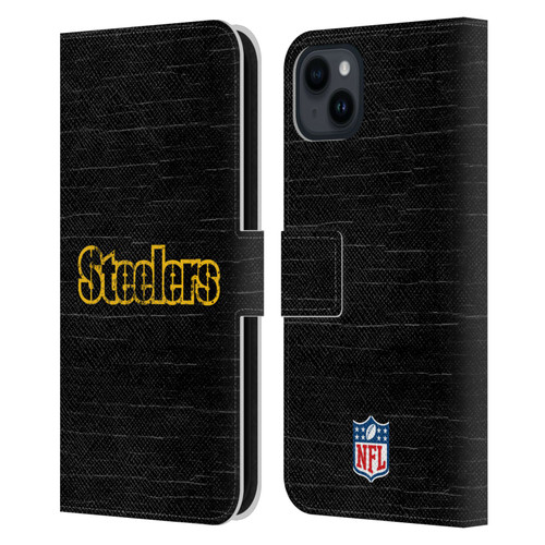 NFL Pittsburgh Steelers Logo Distressed Look Leather Book Wallet Case Cover For Apple iPhone 15 Plus