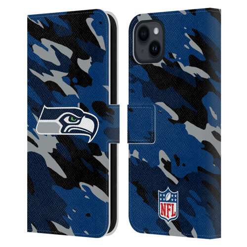 NFL Seattle Seahawks Logo Camou Leather Book Wallet Case Cover For Apple iPhone 15 Plus