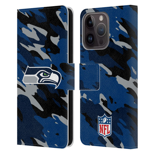 NFL Seattle Seahawks Logo Camou Leather Book Wallet Case Cover For Apple iPhone 15 Pro