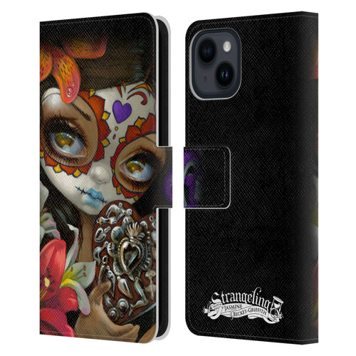 Strangeling Art Day of Dead Heart Charm Leather Book Wallet Case Cover For Apple iPhone 15