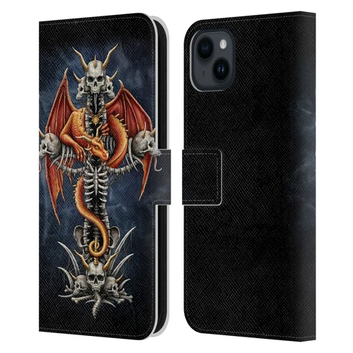 Sarah Richter Fantasy Creatures Red Dragon Guarding Bone Cross Leather Book Wallet Case Cover For Apple iPhone 15 Plus