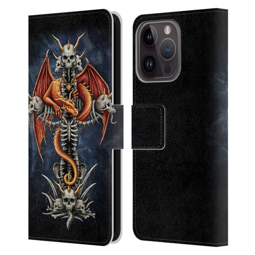 Sarah Richter Fantasy Creatures Red Dragon Guarding Bone Cross Leather Book Wallet Case Cover For Apple iPhone 15 Pro
