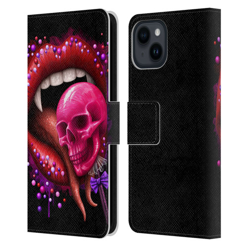 Sarah Richter Skulls Red Vampire Candy Lips Leather Book Wallet Case Cover For Apple iPhone 15