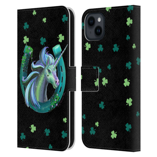 Rose Khan Unicorn Horseshoe Green Shamrock Leather Book Wallet Case Cover For Apple iPhone 15 Plus