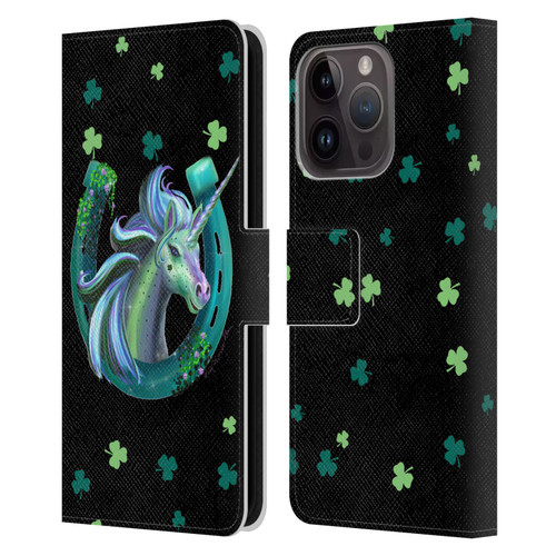 Rose Khan Unicorn Horseshoe Green Shamrock Leather Book Wallet Case Cover For Apple iPhone 15 Pro