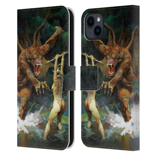 Frank Frazetta Medieval Fantasy Girl and the Beast Leather Book Wallet Case Cover For Apple iPhone 15 Plus