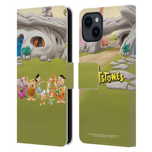 The Flintstones Characters Stone House Leather Book Wallet Case Cover For Apple iPhone 15