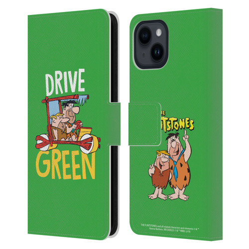 The Flintstones Graphics Drive Green Leather Book Wallet Case Cover For Apple iPhone 15