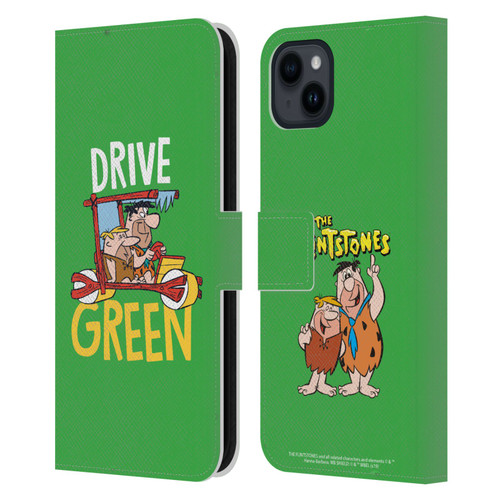 The Flintstones Graphics Drive Green Leather Book Wallet Case Cover For Apple iPhone 15 Plus