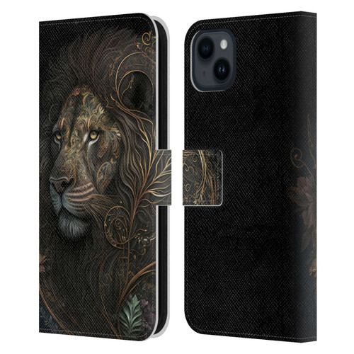 Spacescapes Floral Lions Golden Bloom Leather Book Wallet Case Cover For Apple iPhone 15 Plus