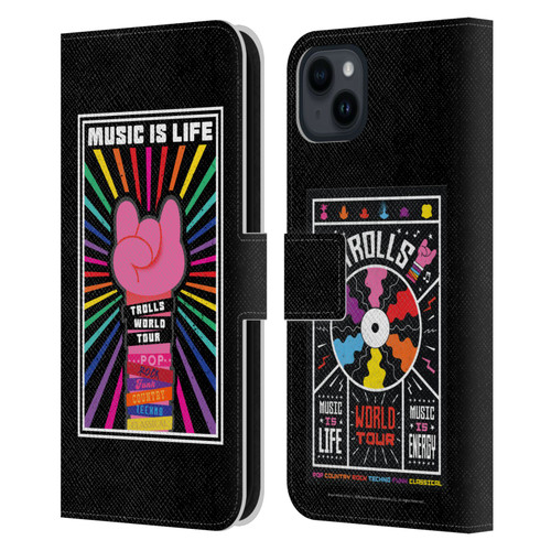 Trolls World Tour Key Art Music Is Life Leather Book Wallet Case Cover For Apple iPhone 15 Plus