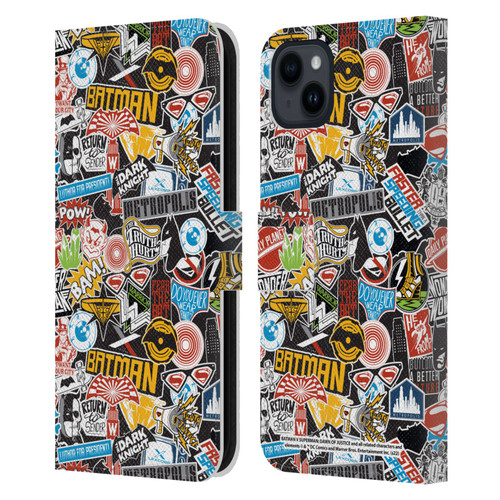 Batman V Superman: Dawn of Justice Graphics Sticker Collage Leather Book Wallet Case Cover For Apple iPhone 15 Plus