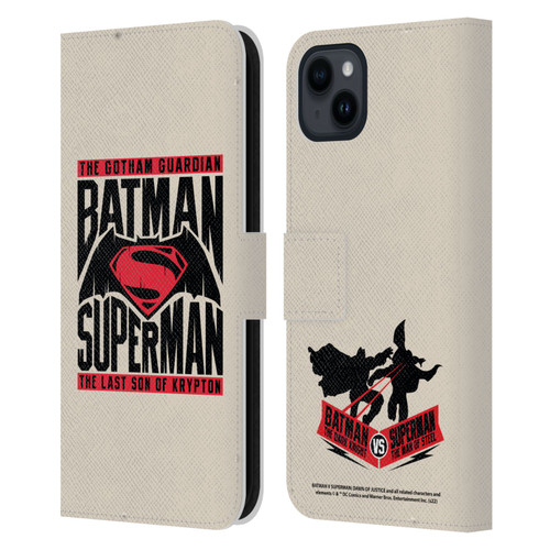 Batman V Superman: Dawn of Justice Graphics Typography Leather Book Wallet Case Cover For Apple iPhone 15 Plus