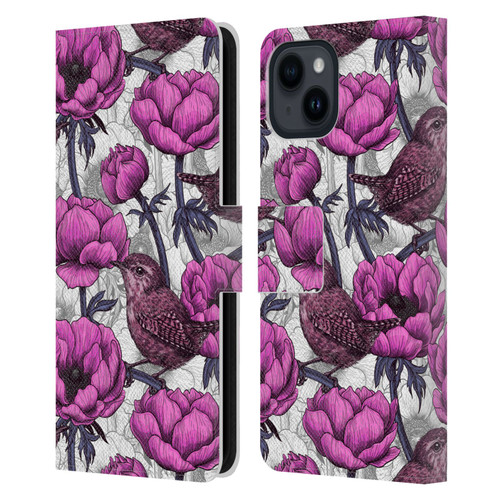 Katerina Kirilova Floral Patterns Wrens In Anemone Garden Leather Book Wallet Case Cover For Apple iPhone 15