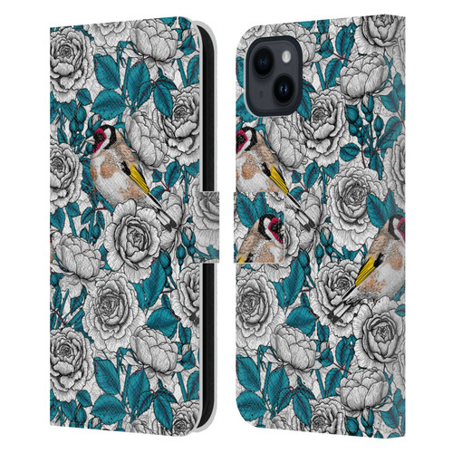 Katerina Kirilova Floral Patterns White Rose & Birds Leather Book Wallet Case Cover For Apple iPhone 15 Plus