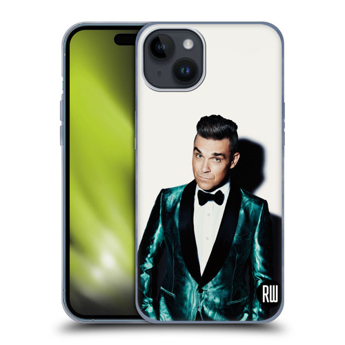 Robbie Williams Calendar White Background Soft Gel Case for Apple iPhone 15 Plus
