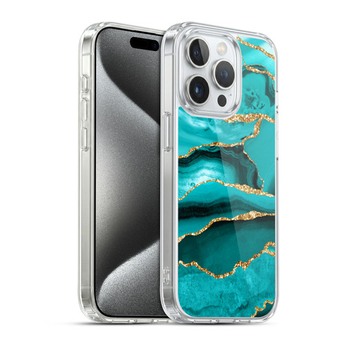 UtArt Malachite Emerald Aquamarine Gold Waves Soft Gel Case for Apple iPhone 15 Pro & MagSafe
