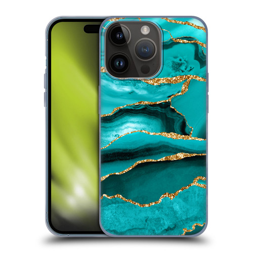 UtArt Malachite Emerald Aquamarine Gold Waves Soft Gel Case for Apple iPhone 15 Pro