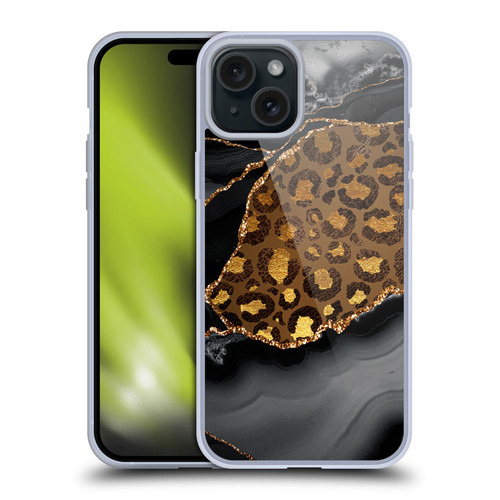 UtArt Wild Cat Marble Dark Gilded Leopard Soft Gel Case for Apple iPhone 15 Plus