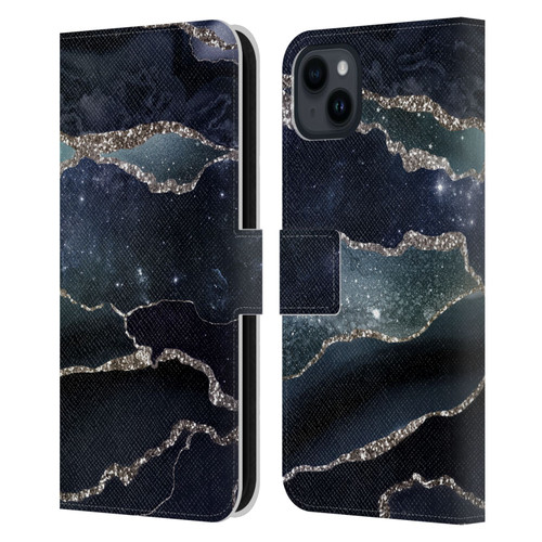 UtArt Dark Night Marble Silver Midnight Sky Leather Book Wallet Case Cover For Apple iPhone 15 Plus