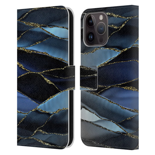 UtArt Dark Night Marble Deep Sparkle Waves Leather Book Wallet Case Cover For Apple iPhone 15 Pro Max