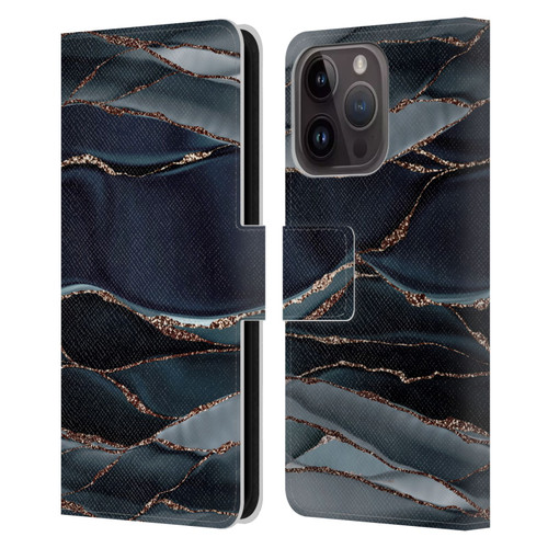 UtArt Dark Night Marble Waves Leather Book Wallet Case Cover For Apple iPhone 15 Pro