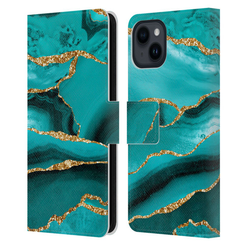 UtArt Malachite Emerald Aquamarine Gold Waves Leather Book Wallet Case Cover For Apple iPhone 15