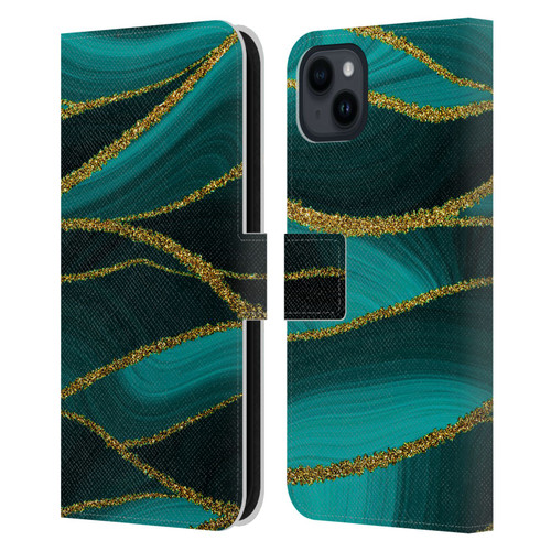 UtArt Malachite Emerald Turquoise Shimmers Leather Book Wallet Case Cover For Apple iPhone 15 Plus