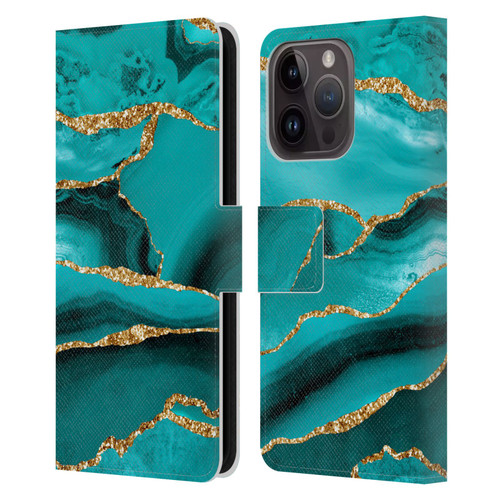UtArt Malachite Emerald Aquamarine Gold Waves Leather Book Wallet Case Cover For Apple iPhone 15 Pro