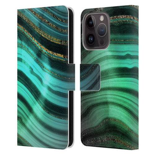 UtArt Malachite Emerald Glitter Gradient Leather Book Wallet Case Cover For Apple iPhone 15 Pro