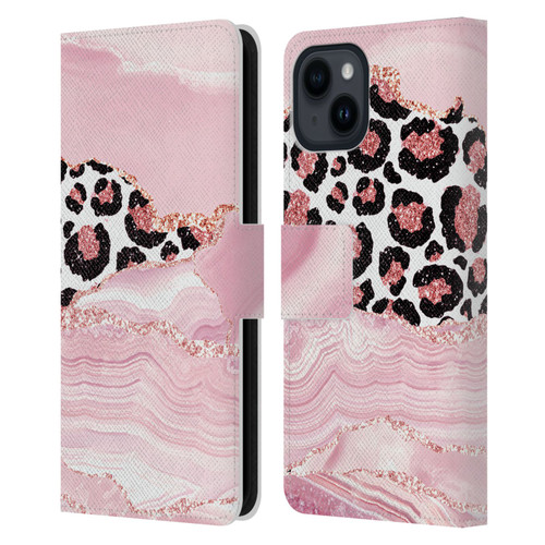 UtArt Wild Cat Marble Pink Glitter Leather Book Wallet Case Cover For Apple iPhone 15