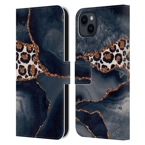 UtArt Wild Cat Marble Leopard Leather Book Wallet Case Cover For Apple iPhone 15 Plus