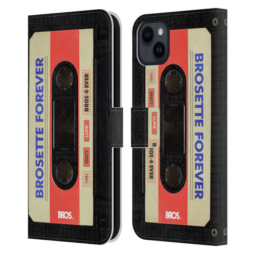 BROS Vintage Cassette Tapes Brosette Forever Leather Book Wallet Case Cover For Apple iPhone 15 Plus