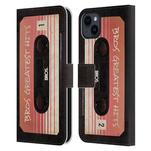 BROS Vintage Cassette Tapes Greatest Hits Leather Book Wallet Case Cover For Apple iPhone 15 Plus