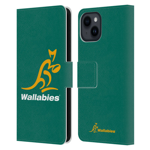 Australia National Rugby Union Team Crest Plain Green Leather Book Wallet Case Cover For Apple iPhone 15