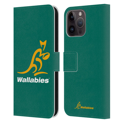 Australia National Rugby Union Team Crest Plain Green Leather Book Wallet Case Cover For Apple iPhone 15 Pro Max