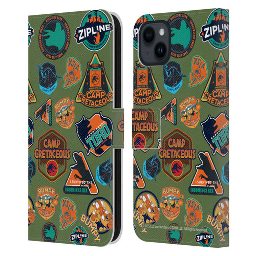Jurassic World: Camp Cretaceous Character Art Pattern Icons Leather Book Wallet Case Cover For Apple iPhone 15 Plus
