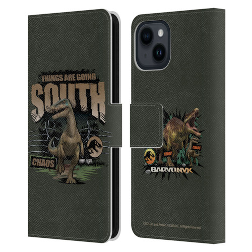 Jurassic World: Camp Cretaceous Dinosaur Graphics Things Are Going South Leather Book Wallet Case Cover For Apple iPhone 15