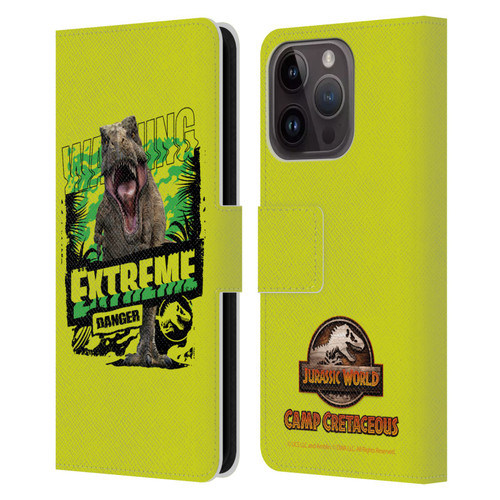 Jurassic World: Camp Cretaceous Dinosaur Graphics Extreme Danger Leather Book Wallet Case Cover For Apple iPhone 15 Pro