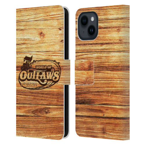 World of Outlaws Western Graphics Wood Logo Leather Book Wallet Case Cover For Apple iPhone 15