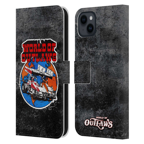 World of Outlaws Western Graphics Distressed Sprint Car Logo Leather Book Wallet Case Cover For Apple iPhone 15 Plus