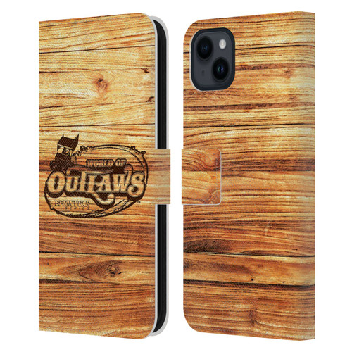 World of Outlaws Western Graphics Wood Logo Leather Book Wallet Case Cover For Apple iPhone 15 Plus