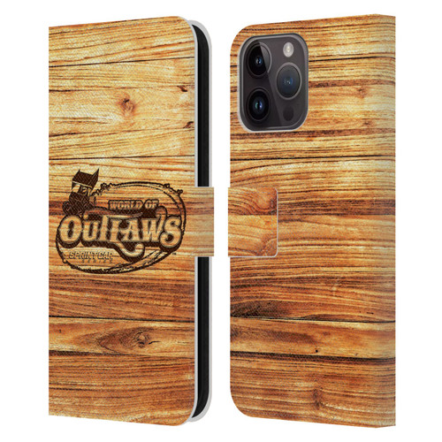World of Outlaws Western Graphics Wood Logo Leather Book Wallet Case Cover For Apple iPhone 15 Pro Max