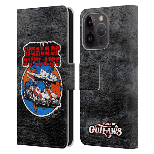 World of Outlaws Western Graphics Distressed Sprint Car Logo Leather Book Wallet Case Cover For Apple iPhone 15 Pro