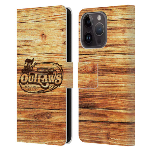 World of Outlaws Western Graphics Wood Logo Leather Book Wallet Case Cover For Apple iPhone 15 Pro