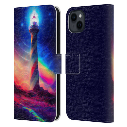 Wumples Cosmic Universe Lighthouse Leather Book Wallet Case Cover For Apple iPhone 15 Plus