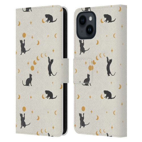 Episodic Drawing Pattern Cat And Moon Leather Book Wallet Case Cover For Apple iPhone 15