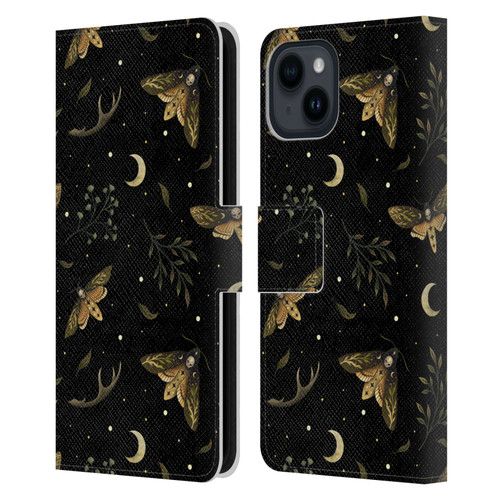 Episodic Drawing Pattern Death Head Moth Leather Book Wallet Case Cover For Apple iPhone 15